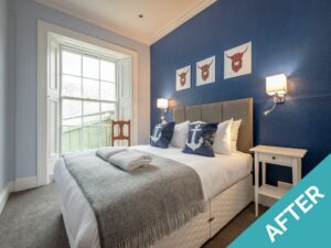 st andrews holiday home bedroom with double bed blue and white theme after refurbishment