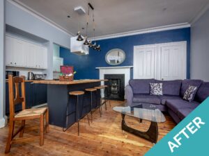 modern kitchen with oak floor, black, white, and blue colours after the st andrews property co team helped improve holiday let