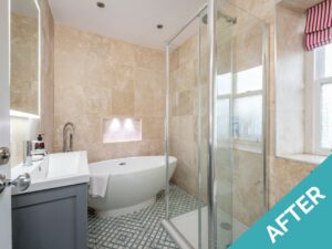 after shot of beige bathroom with shower and bathtub following st andrews property co holiday home improvements